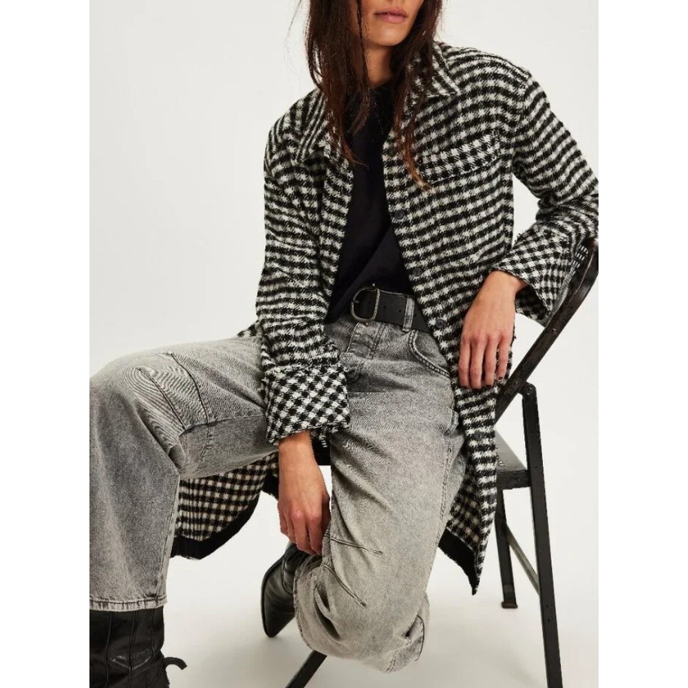 free people get around houndstooth jacket black and white wool, women size small